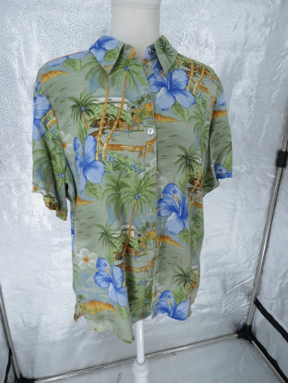 Vintage Jamaica Bay Hawaiian Shirt Blue Hibiscus Palm Tree Tropical Print Large